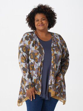 LOGO Lori Goldstein Printed Button Front Knit Cardigan Women's L Artsy Camo